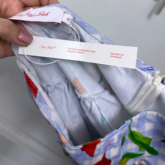 NWT Lisa Says Gah Maeve Picnic Alfresco Midi Skirt Food Vegetable Blue Gingham M - Picture 5 of 14